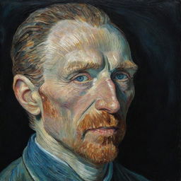 An evocative painting of Vincent van Gogh's face, lit dimly, emerging from the darkness.