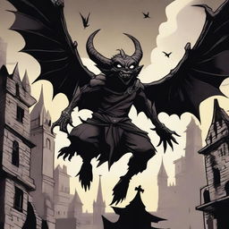 A vicious winged imp made of grinning black shadows, set against a dark medieval city sky