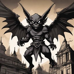 A vicious winged imp made of grinning black shadows, set against a dark medieval city sky