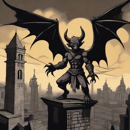 A vicious winged imp made of grinning black shadows, set against a dark medieval city sky