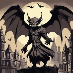 A vicious winged imp made of grinning black shadows, set against a dark medieval city sky