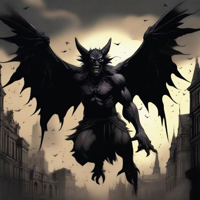 A vicious winged impish demon made of grinning black shadows, set against a dark medieval city sky