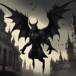 A vicious winged impish demon made of grinning black shadows, set against a dark medieval city sky