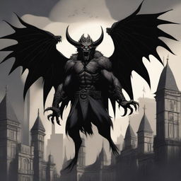 A vicious winged impish demon made of grinning black shadows, set against a dark medieval city sky