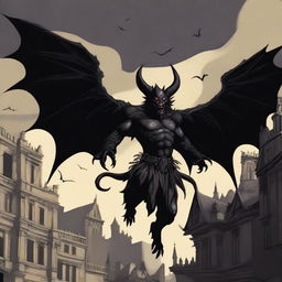 A vicious winged impish demon made of grinning black shadows, set against a dark medieval city sky