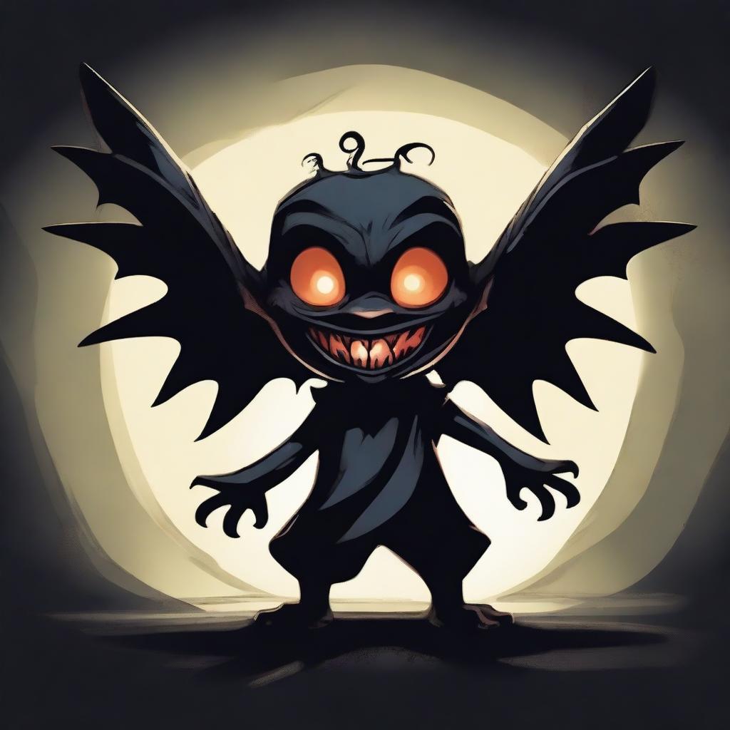 A shadowy imp with two wings, grinning out of the darkness