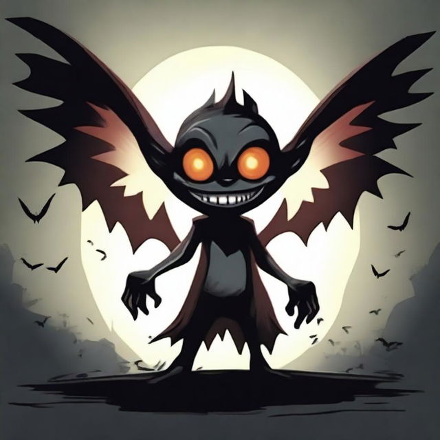 A shadowy imp with two wings, grinning out of the darkness