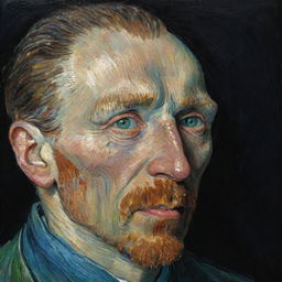 An evocative painting of Vincent van Gogh's face, lit dimly, emerging from the darkness.