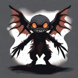 A shadowy imp with two wings, grinning out of the darkness