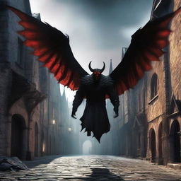 A horrifying winged demon with long shadowy teeth and glowing red eyes flying through a medieval town