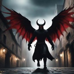 A horrifying winged demon with long shadowy teeth and glowing red eyes flying through a medieval town