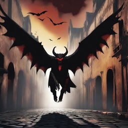 A horrifying winged demon with long shadowy teeth and glowing red eyes flying through a medieval town