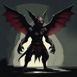 A shadowy kobold demon with wings, depicted in a dark and eerie atmosphere