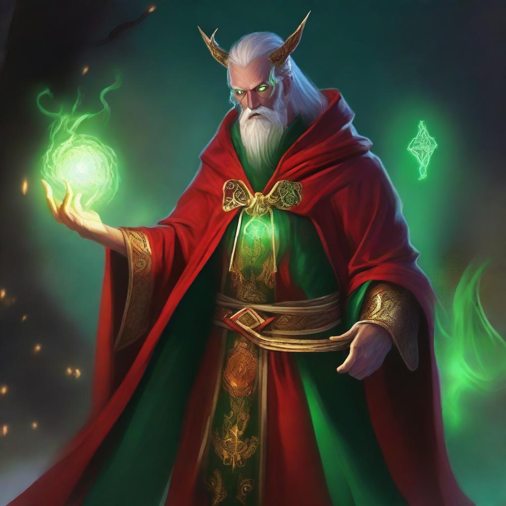 A half-dragon wizard man with glowing green eyes and a long scar over his right eye