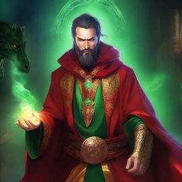 A half-dragon wizard man with glowing green eyes and a long scar over his right eye