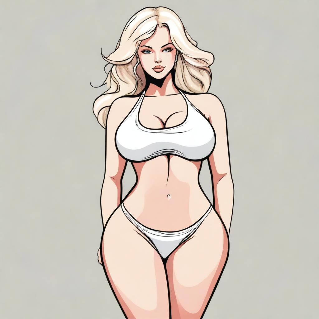 A depiction of a blonde girl with a curvy figure