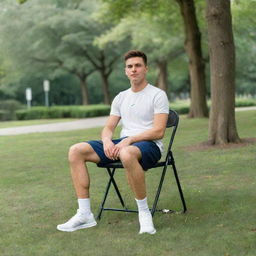 In a lush park abundant with trees, a young 25-year-old man dressed in sporty attire is poised comfortably on a chair in the center of the composition.