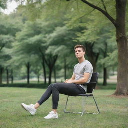 In a lush park abundant with trees, a young 25-year-old man dressed in sporty attire is poised comfortably on a chair in the center of the composition.