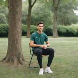 In a lush park abundant with trees, a young 25-year-old man dressed in sporty attire is poised comfortably on a chair in the center of the composition.