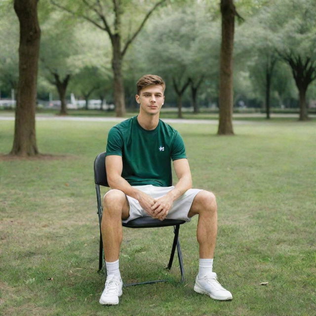 In a lush park abundant with trees, a young 25-year-old man dressed in sporty attire is poised comfortably on a chair in the center of the composition.