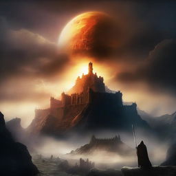 A dark fantasy book cover featuring a grand and imposing kingdom with the sun on the horizon