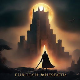 A dark fantasy book cover featuring a grand and imposing kingdom with the sun on the horizon