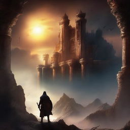 A dark fantasy book cover featuring a grand and imposing kingdom with the sun on the horizon