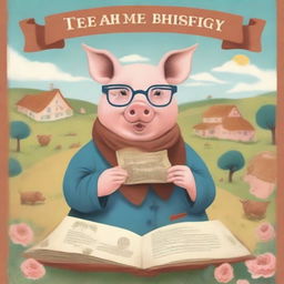 A whimsical and imaginative illustration of a wise pig wearing glasses and holding an ancient scroll