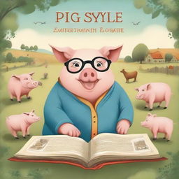 A whimsical and imaginative illustration of a wise pig wearing glasses and holding an ancient scroll