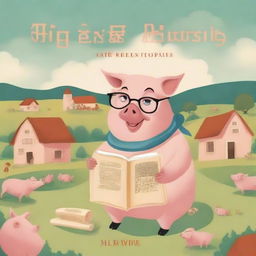 A whimsical and imaginative illustration of a wise pig wearing glasses and holding an ancient scroll