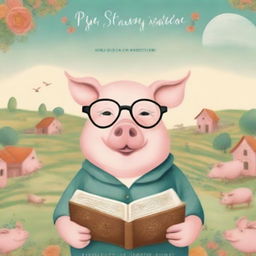 A whimsical and imaginative illustration of a wise pig wearing glasses and holding an ancient scroll