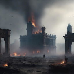 A scene depicting a destroyed kingdom, with a lot of ashes, fire, and fog