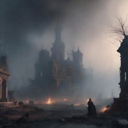 A scene depicting a destroyed kingdom, with a lot of ashes, fire, and fog