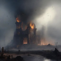 A scene depicting a destroyed kingdom, with a lot of ashes, fire, and fog