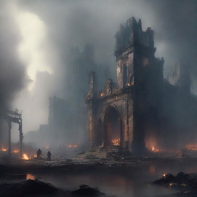 A scene depicting a destroyed kingdom, with a lot of ashes, fire, and fog