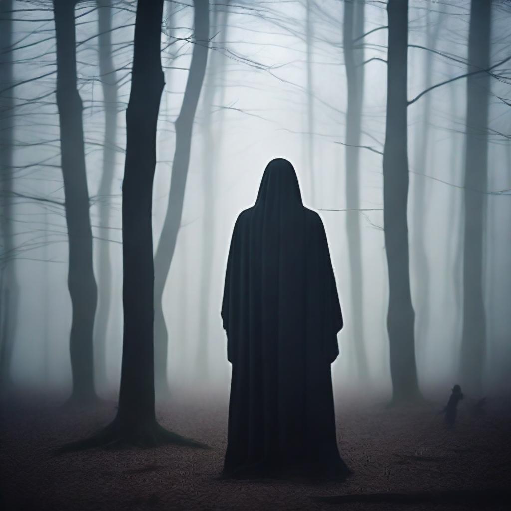 A mysterious figure lurking in the shadows of a dark, eerie forest