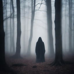 A mysterious figure lurking in the shadows of a dark, eerie forest