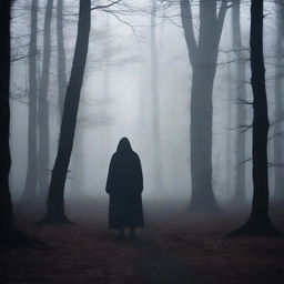 A mysterious figure lurking in the shadows of a dark, eerie forest