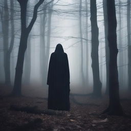 A mysterious figure lurking in the shadows of a dark, eerie forest