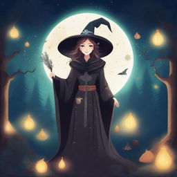 A witch standing in a mystical forest, surrounded by glowing magical symbols and potions