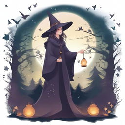 A witch standing in a mystical forest, surrounded by glowing magical symbols and potions