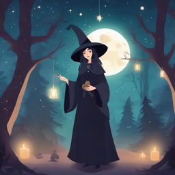 A witch standing in a mystical forest, surrounded by glowing magical symbols and potions