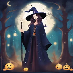 A witch standing in a mystical forest, surrounded by glowing magical symbols and potions