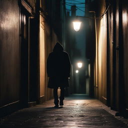 A dark alleyway with a shadowy figure stalking a person walking alone