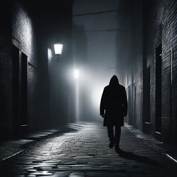 A dark alleyway with a shadowy figure stalking a person walking alone