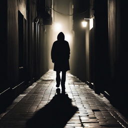 A dark alleyway with a shadowy figure stalking a person walking alone