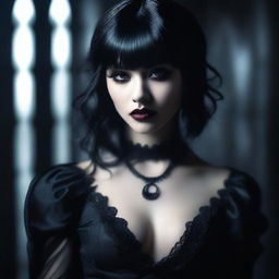 A seductive girl with fringe hair, dressed as a vampire, with a dark and alluring appearance