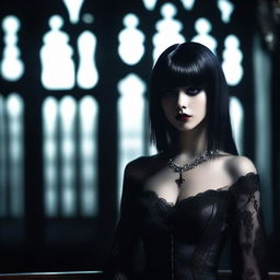 A seductive girl with fringe hair, dressed as a vampire, with a dark and alluring appearance