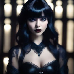 A seductive girl with fringe hair, dressed as a vampire, with a dark and alluring appearance