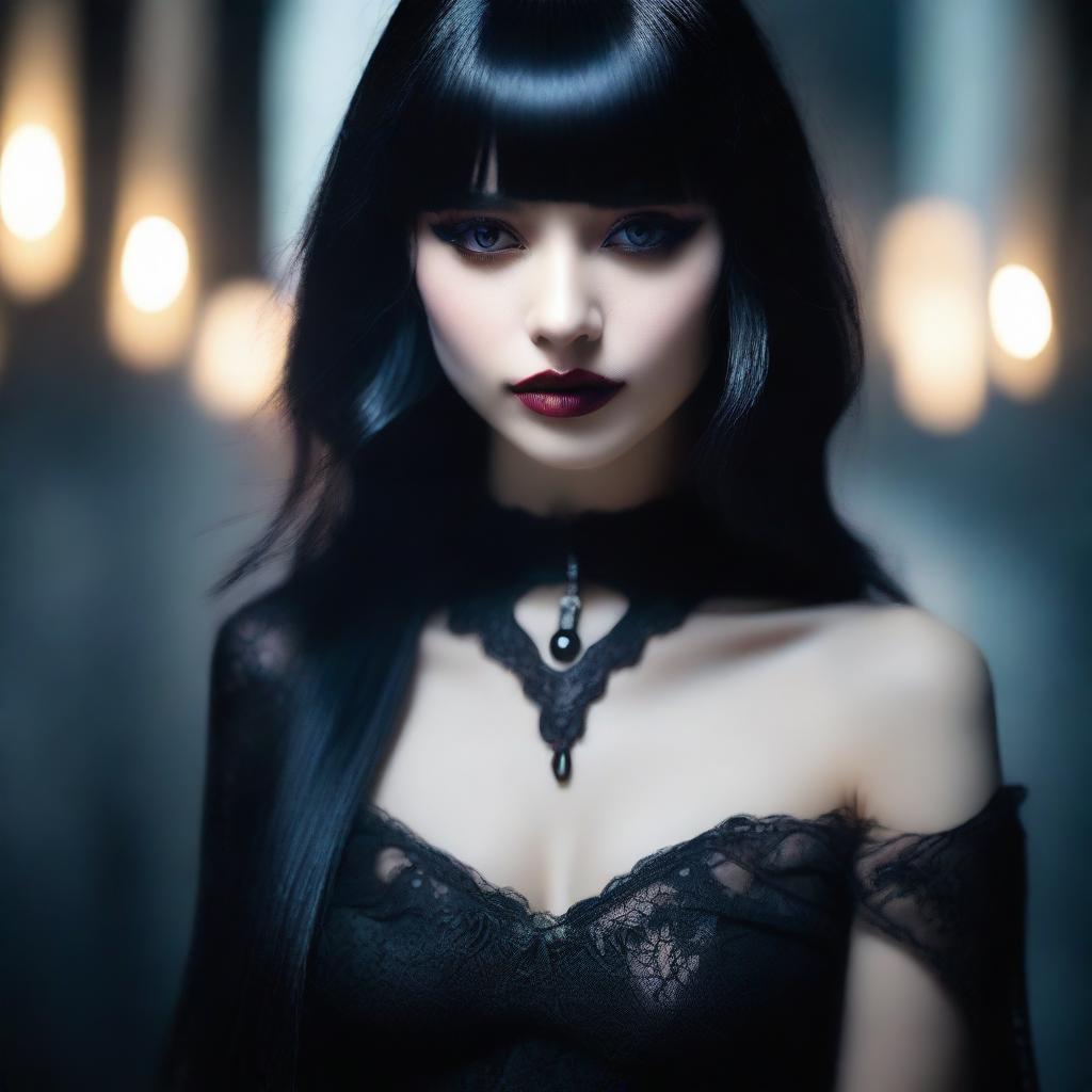 A seductive girl with fringe hair, dressed as a vampire, with a dark and alluring appearance